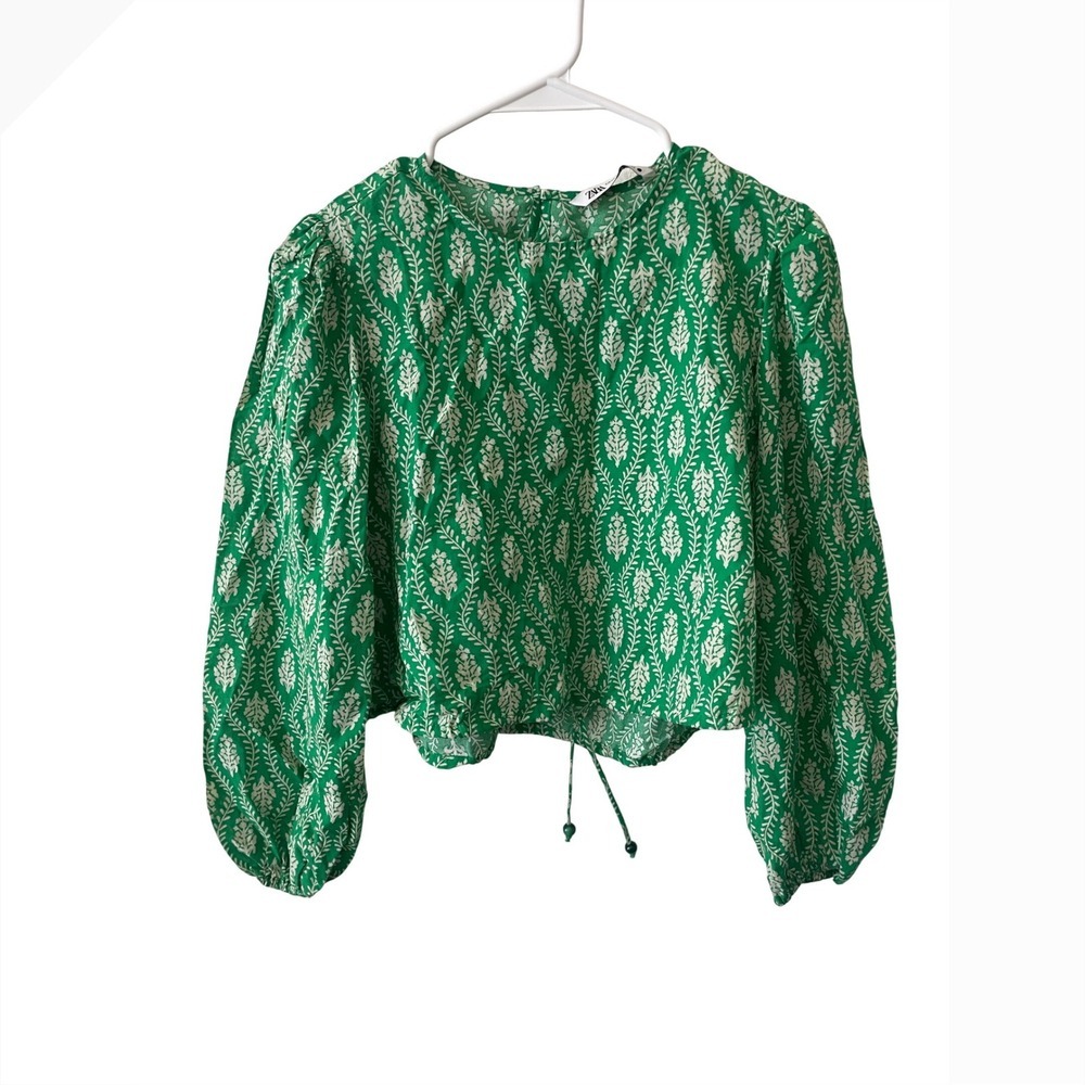Zara Green White Leaf Print Puff Sleeve Cropped Blouse Top XS